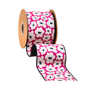 4" Wired Dupioni Ribbon | Black/White Floral on Pink w/ Black Backing | 10 Yard Roll