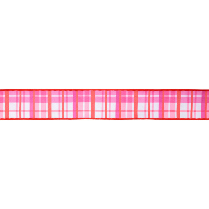 2 1/2" Wired Dupioni Ribbon | Red and Pink Plaid w/ Red Backing | 10 Yard Roll
