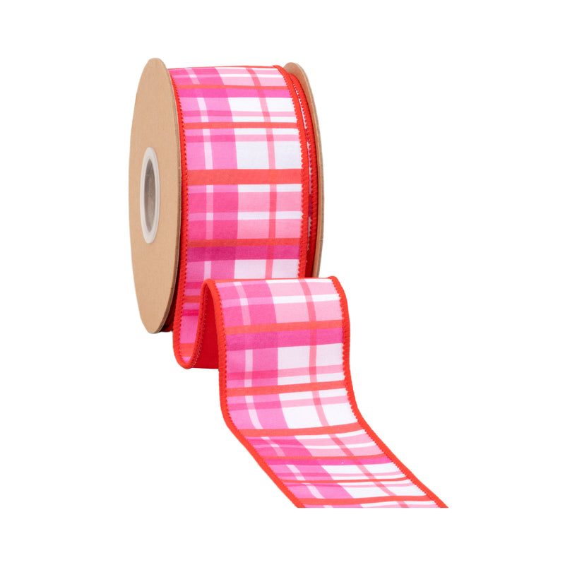 2 1/2" Wired Dupioni Ribbon | Red and Pink Plaid w/ Red Backing | 10 Yard Roll