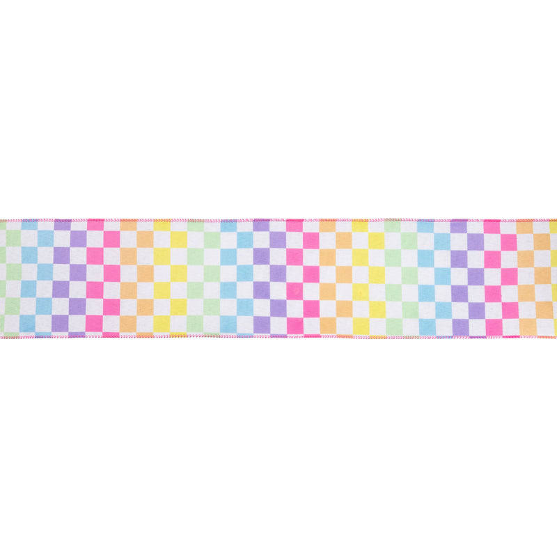 4" Wired Ribbon | Rainbow Checkboard on Linen | 10 Yard Roll