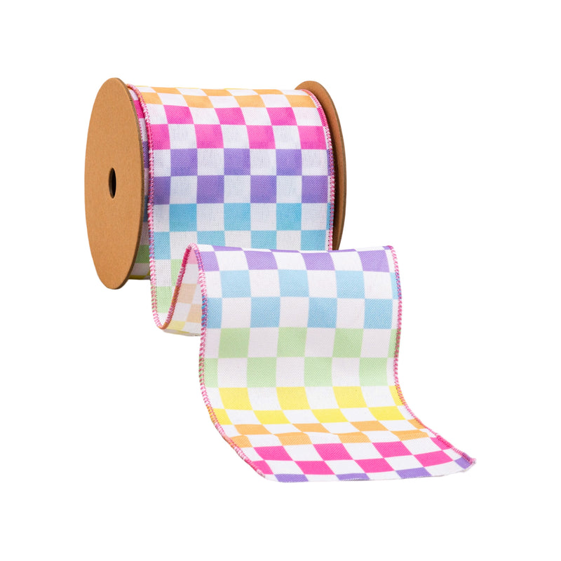 4" Wired Ribbon | Rainbow Checkboard on Linen | 10 Yard Roll