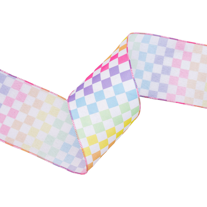 4" Wired Ribbon | Rainbow Checkboard on Linen | 10 Yard Roll