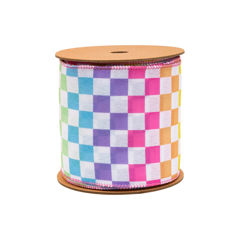 4" Wired Ribbon | Rainbow Checkboard on Linen | 10 Yard Roll