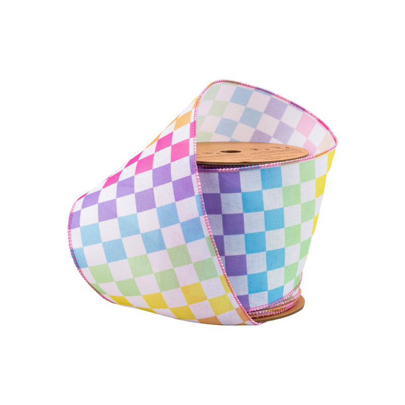 4" Wired Ribbon | Rainbow Checkboard on Linen | 10 Yard Roll