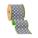 4" Wired Dupioni Ribbon | Black/White Breeze Block w/ Lime Green Backing | 10 Yard Roll