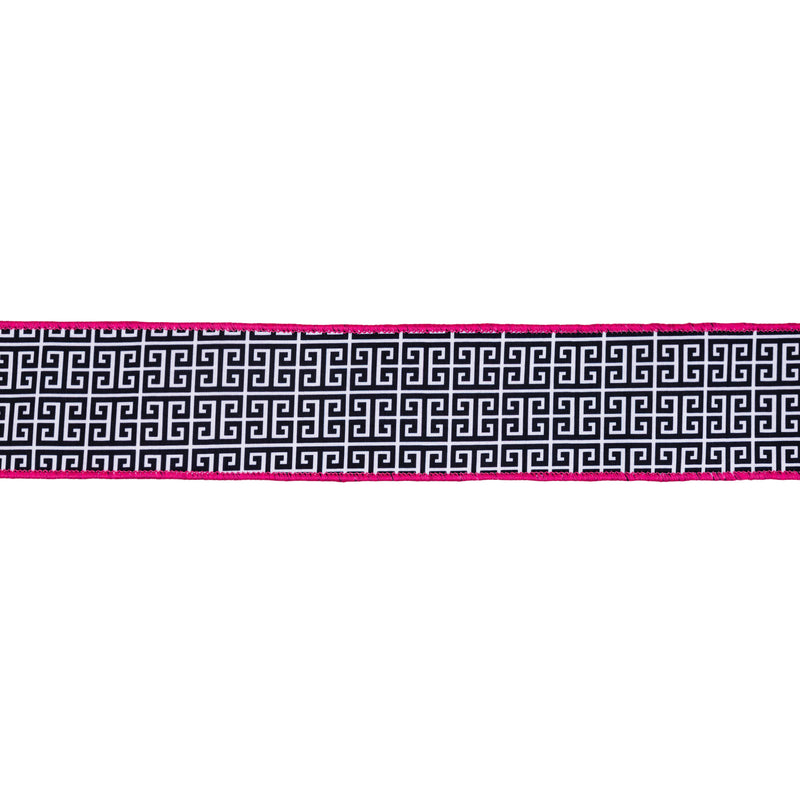 2 1/2" Wired Dupioni Ribbon | Black/White Greek Key Pattern w/ Pink Backing | 10 Yard Roll