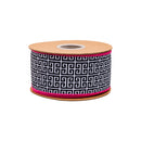 2 1/2" Wired Dupioni Ribbon | Black/White Greek Key Pattern w/ Pink Backing | 10 Yard Roll