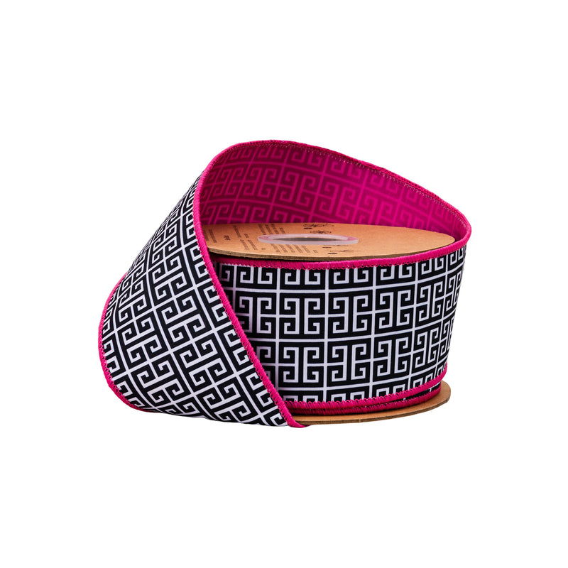 2 1/2" Wired Dupioni Ribbon | Black/White Greek Key Pattern w/ Pink Backing | 10 Yard Roll