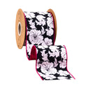 4" Wired Dupioni Ribbon | Black/White Floral w/ Pink Backing | 10 Yard Roll