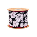4" Wired Dupioni Ribbon | Black/White Floral w/ Pink Backing | 10 Yard Roll