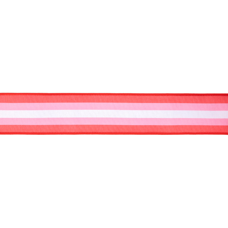 2 1/2" Wired Dupioni Ribbon | Red and Pink Stripe w/ Red Backing | 10 Yard Roll