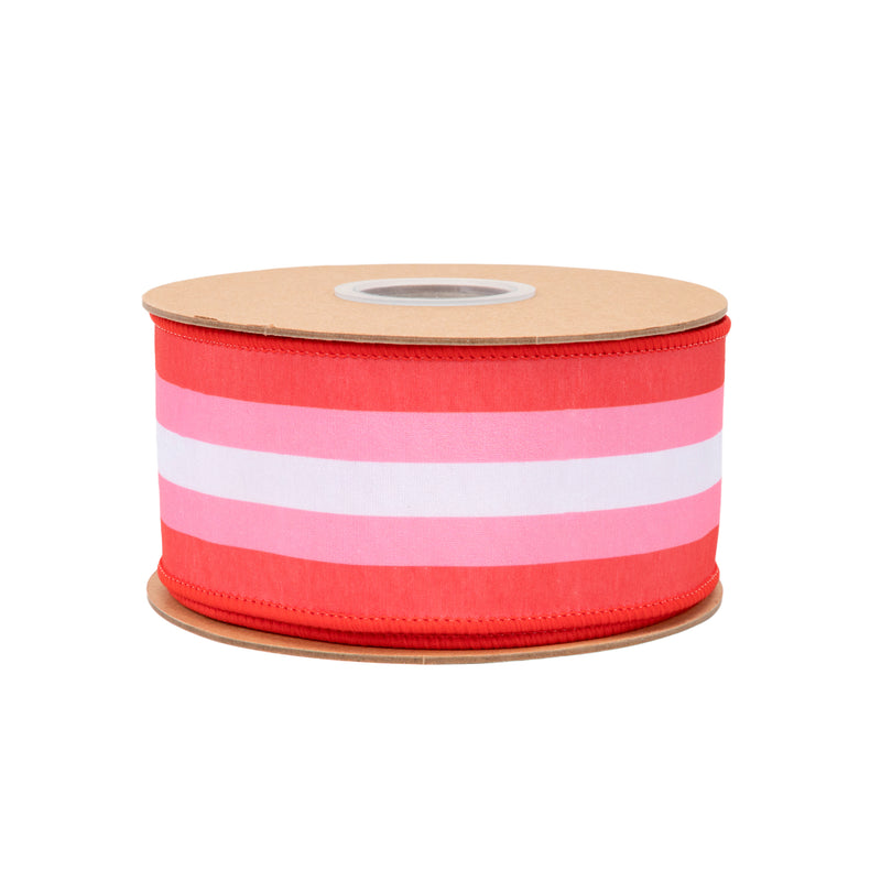 2 1/2" Wired Dupioni Ribbon | Red and Pink Stripe w/ Red Backing | 10 Yard Roll