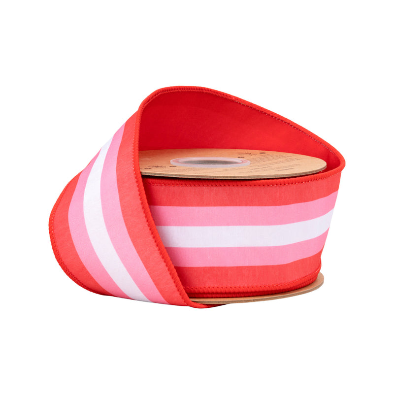 2 1/2" Wired Dupioni Ribbon | Red and Pink Stripe w/ Red Backing | 10 Yard Roll