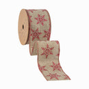 2 1/2" Wired Ribbon | Natural with Red Glitter Snowflakes Red Metallic Edge | 10 Yard Roll