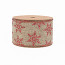2 1/2" Wired Ribbon | Natural with Red Glitter Snowflakes Red Metallic Edge | 10 Yard Roll