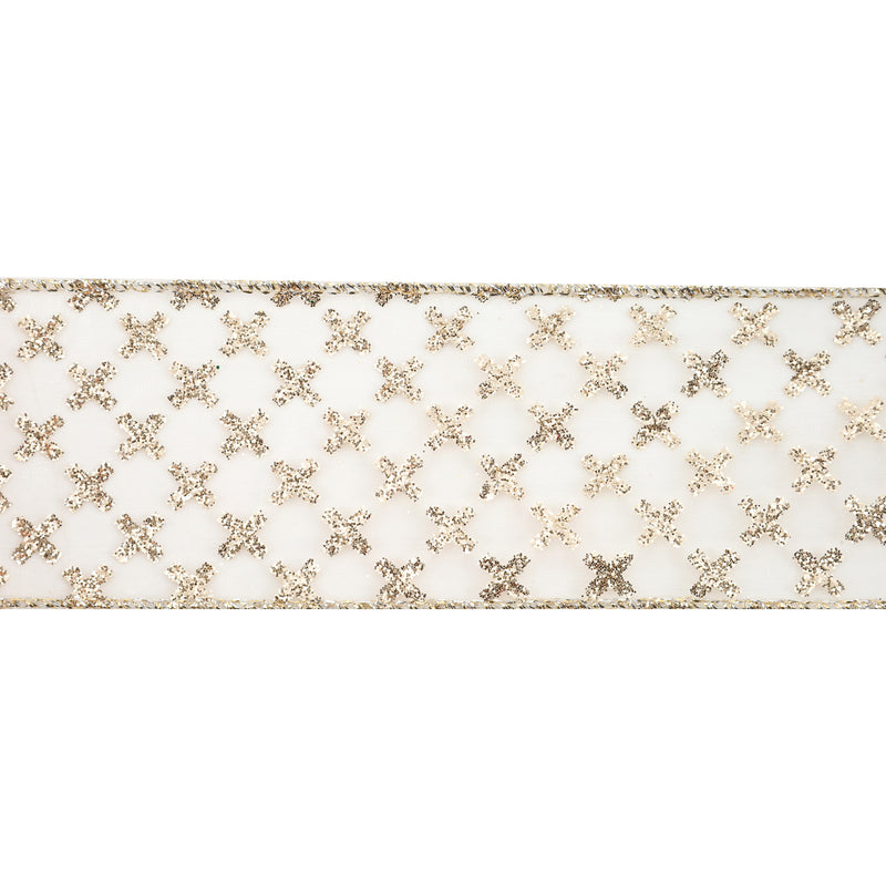 2 1/2" Wired Ribbon | Gold Cross on White | 10 Yard Roll