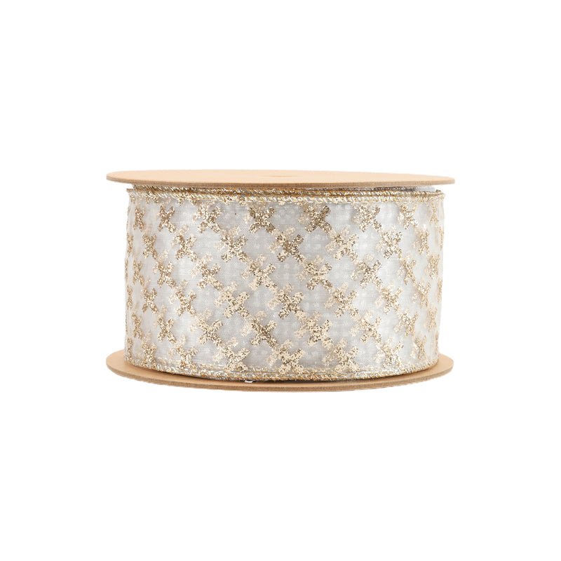 2 1/2" Wired Ribbon | Gold Cross on White | 10 Yard Roll
