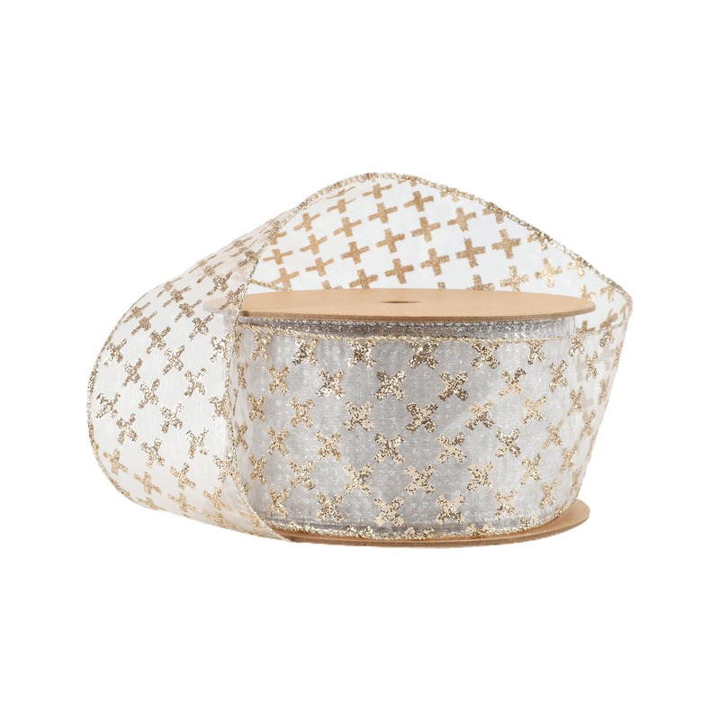 2 1/2" Wired Ribbon | Gold Cross on White | 10 Yard Roll