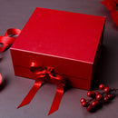 8" x 8" x 4" Collapsable Gift Box w/ Satin Ribbon & Magnetic Square Flap Lid | Red