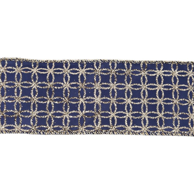 2 1/2" Wired Ribbon | Gold Circle on Dark Blue | 10 Yard Roll