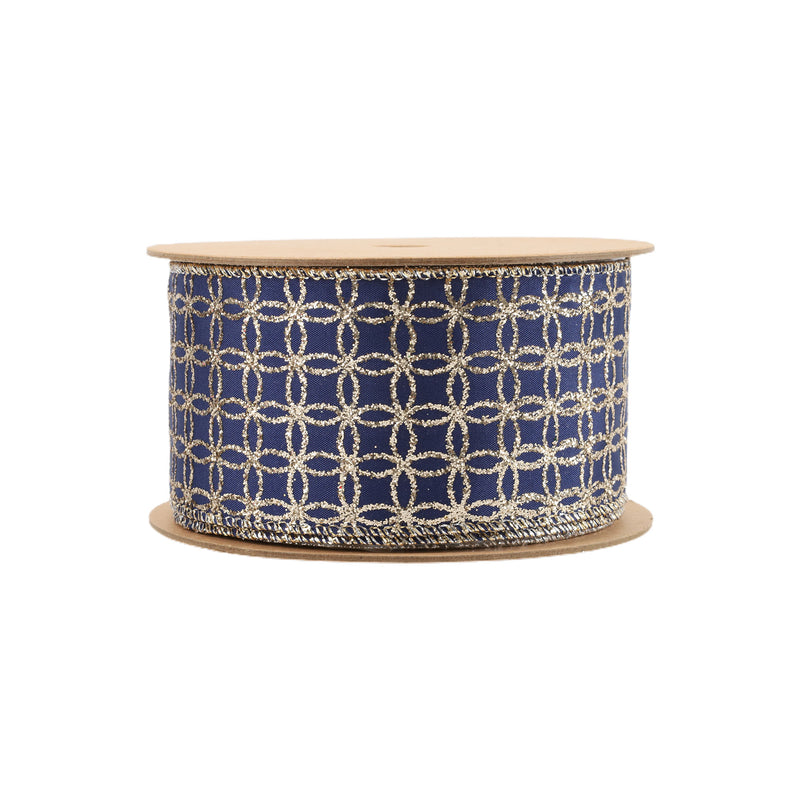 2 1/2" Wired Ribbon | Gold Circle on Dark Blue | 10 Yard Roll