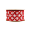 2 1/2" Wired Ribbon | White Square Flower on Red | 10 Yard Roll