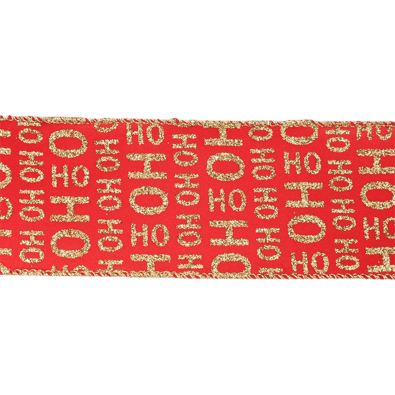 2 1/2" Wired Ribbon | Gold Ho Ho Ho on Red | 10 Yard Roll