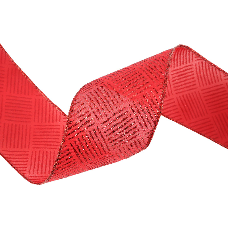 2 1/2" Wired Ribbon | Metallic Fine Plaid on Red | 10 Yard Roll