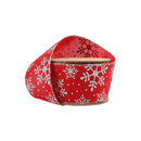2 1/2" Faux Linen Wired Ribbon | Red w/ Giltter Silver Snowflake | 25 Yard Roll