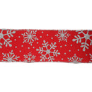 2 1/2" Faux Linen Wired Ribbon | Red w/ Giltter Silver Snowflake | 25 Yard Roll