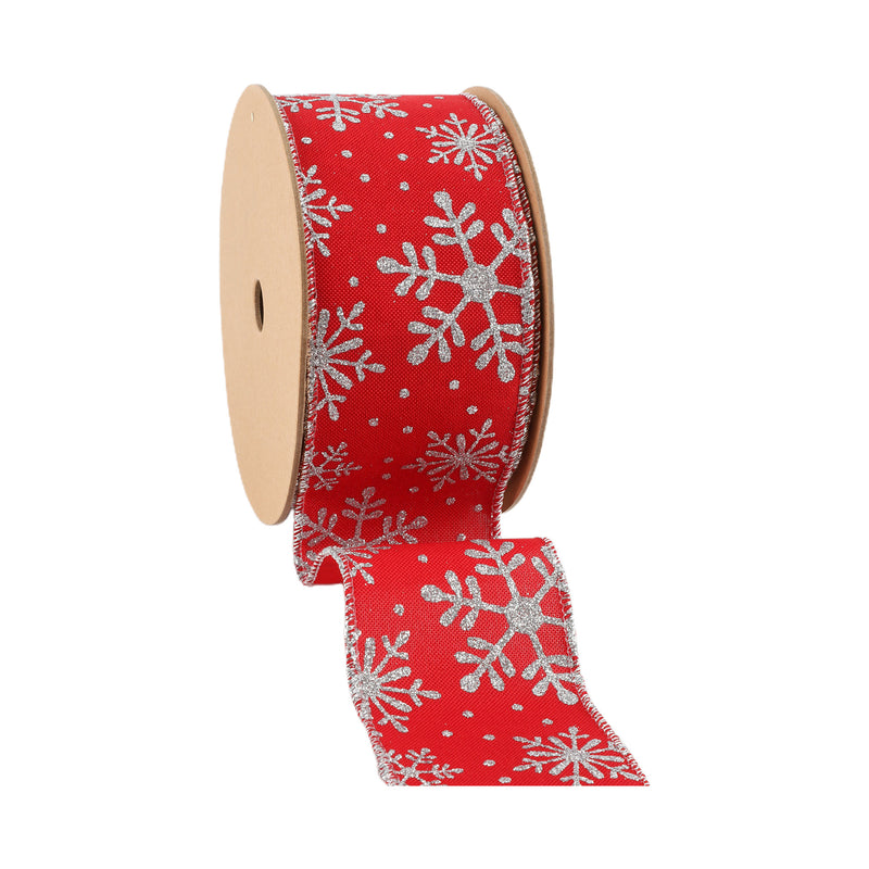 2 1/2" Faux Linen Wired Ribbon | Red w/ Giltter Silver Snowflake | 25 Yard Roll