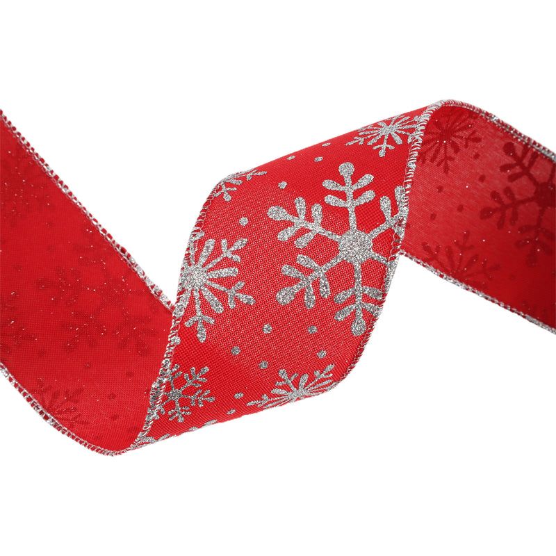 2 1/2" Faux Linen Wired Ribbon | Red w/ Giltter Silver Snowflake | 25 Yard Roll
