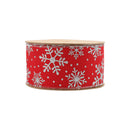 2 1/2" Faux Linen Wired Ribbon | Red w/ Giltter Silver Snowflake | 25 Yard Roll