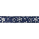 2 1/2" Faux Linen Wired Ribbon | Blue w/ Giltter Silver Snowflake | 25 Yard Roll