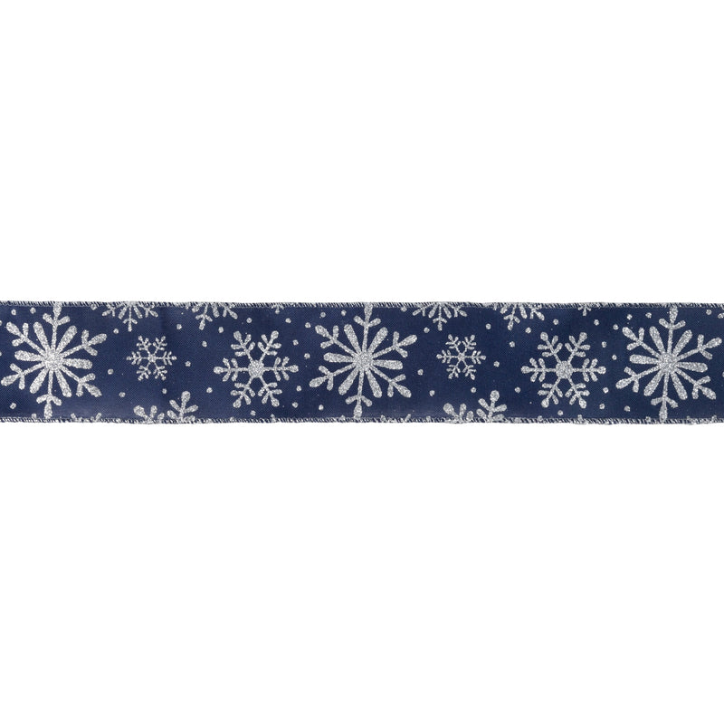 2 1/2" Faux Linen Wired Ribbon | Blue w/ Giltter Silver Snowflake | 25 Yard Roll