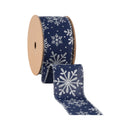 2 1/2" Faux Linen Wired Ribbon | Blue w/ Giltter Silver Snowflake | 25 Yard Roll
