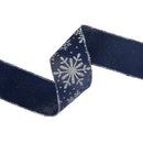 2 1/2" Faux Linen Wired Ribbon | Blue w/ Giltter Silver Snowflake | 25 Yard Roll