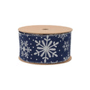 2 1/2" Faux Linen Wired Ribbon | Blue w/ Giltter Silver Snowflake | 25 Yard Roll