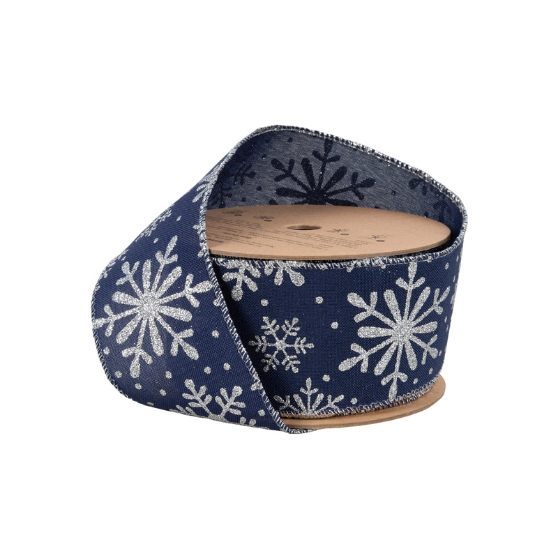 2 1/2" Faux Linen Wired Ribbon | Blue w/ Giltter Silver Snowflake | 25 Yard Roll