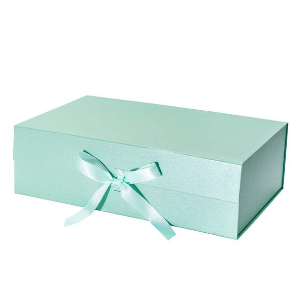 14" x 9" x 4.3" Collapsable Gift Box w/ Satin Ribbon & Magnetic Square Flap Lid (2-pack) | Mint