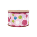 2 1/2" Wired Ribbon | Multi Colored Gilttered Dots on Pink | 10 Yard Roll