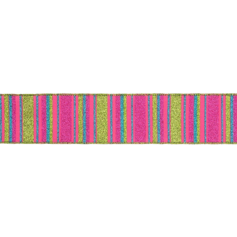 2 1/2" Wired Ribbon | Multi Colored Stripes on Hot Pink | 10 Yard Roll