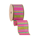 2 1/2" Wired Ribbon | Multi Colored Stripes on Hot Pink | 10 Yard Roll