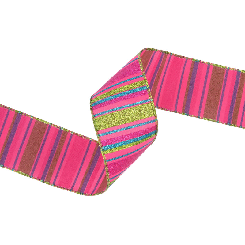 2 1/2" Wired Ribbon | Multi Colored Stripes on Hot Pink | 10 Yard Roll