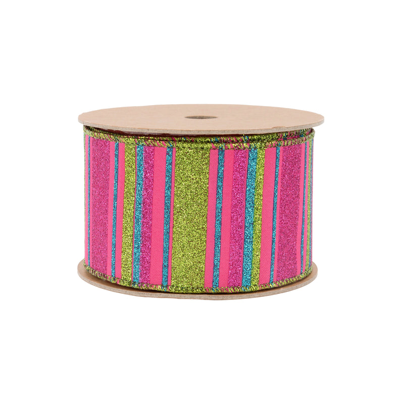 2 1/2" Wired Ribbon | Multi Colored Stripes on Hot Pink | 10 Yard Roll