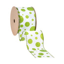 2 1/2" Wired Ribbon | Green Glittered Dots on White | 10 Yard Roll