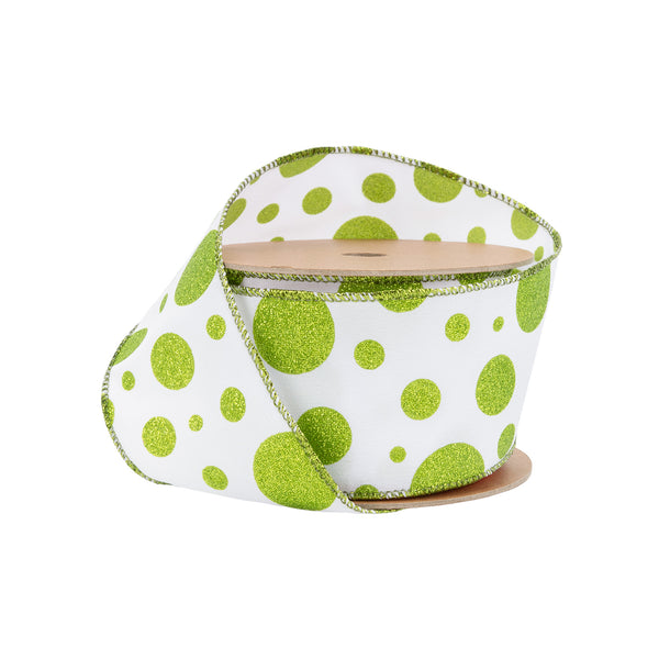 2 1/2" Wired Ribbon | Green Glittered Dots on White | 10 Yard Roll