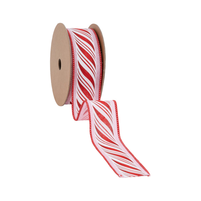 1 1/2" Wired Ribbon | Peppermint Sticks on Pink | 10 Yard Roll
