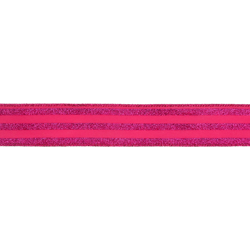 1 1/2" Wired Ribbon | Hot Pink Glittered Pinstripes on Hot Pink | 10 Yard Roll
