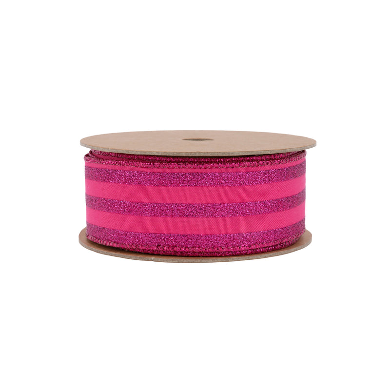 1 1/2" Wired Ribbon | Hot Pink Glittered Pinstripes on Hot Pink | 10 Yard Roll